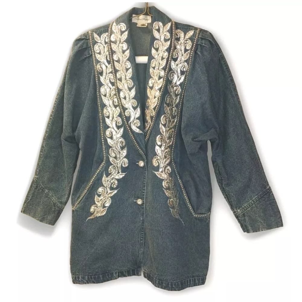 Southwestern Pizzazz Rockabilly 80s Blazer Jean Jacket Woman Large Bling Collar